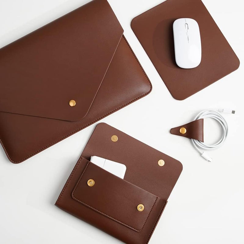 Benfan Laptop Sleeve for 15.3 inch MacBook Air 2023/2024, Surface Laptop 15/Book 13.5/Studio with Small Pouch, Mouse Pad and Cord Holder - Dark Brown - Image 5